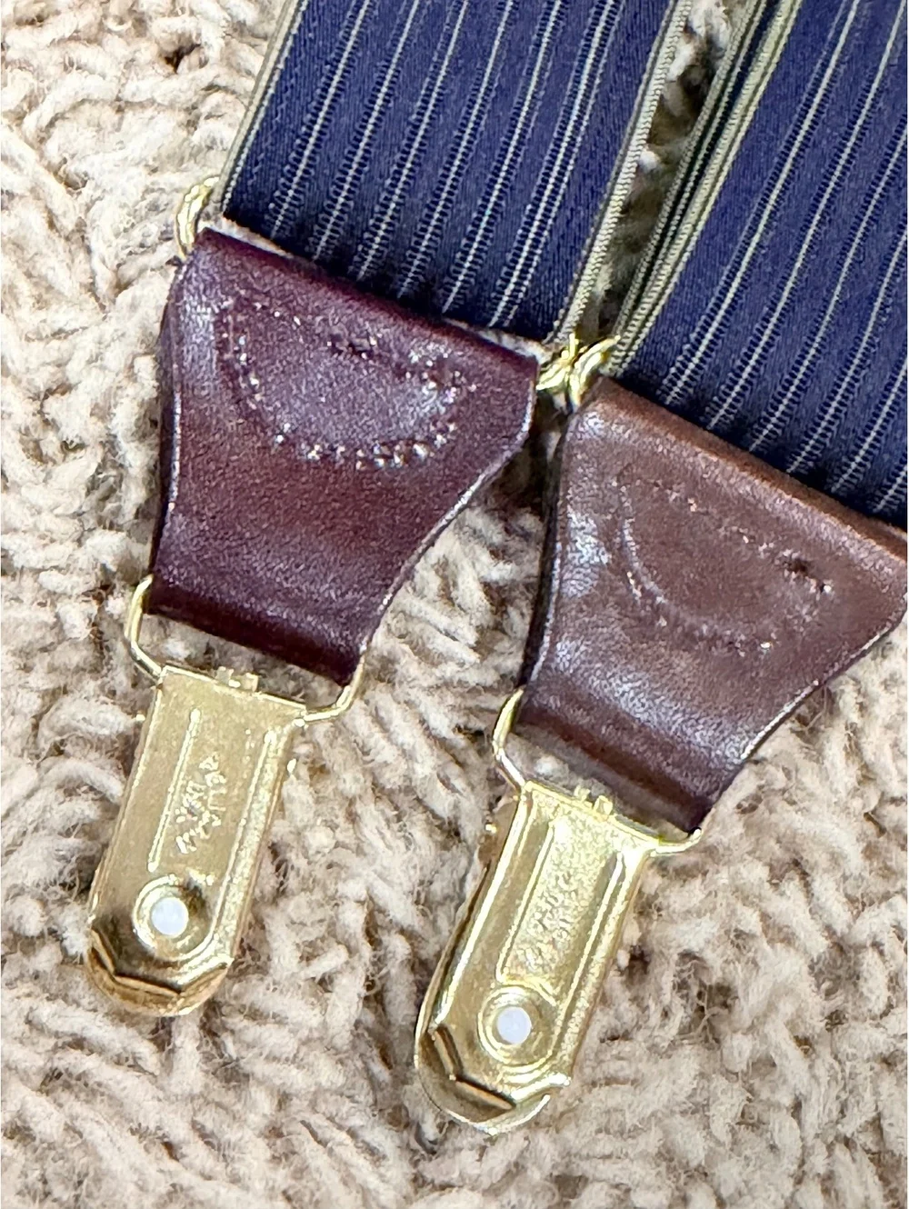Vintage Pelican USA Navy Blue Pinstripe Suspenders with Leather Accents